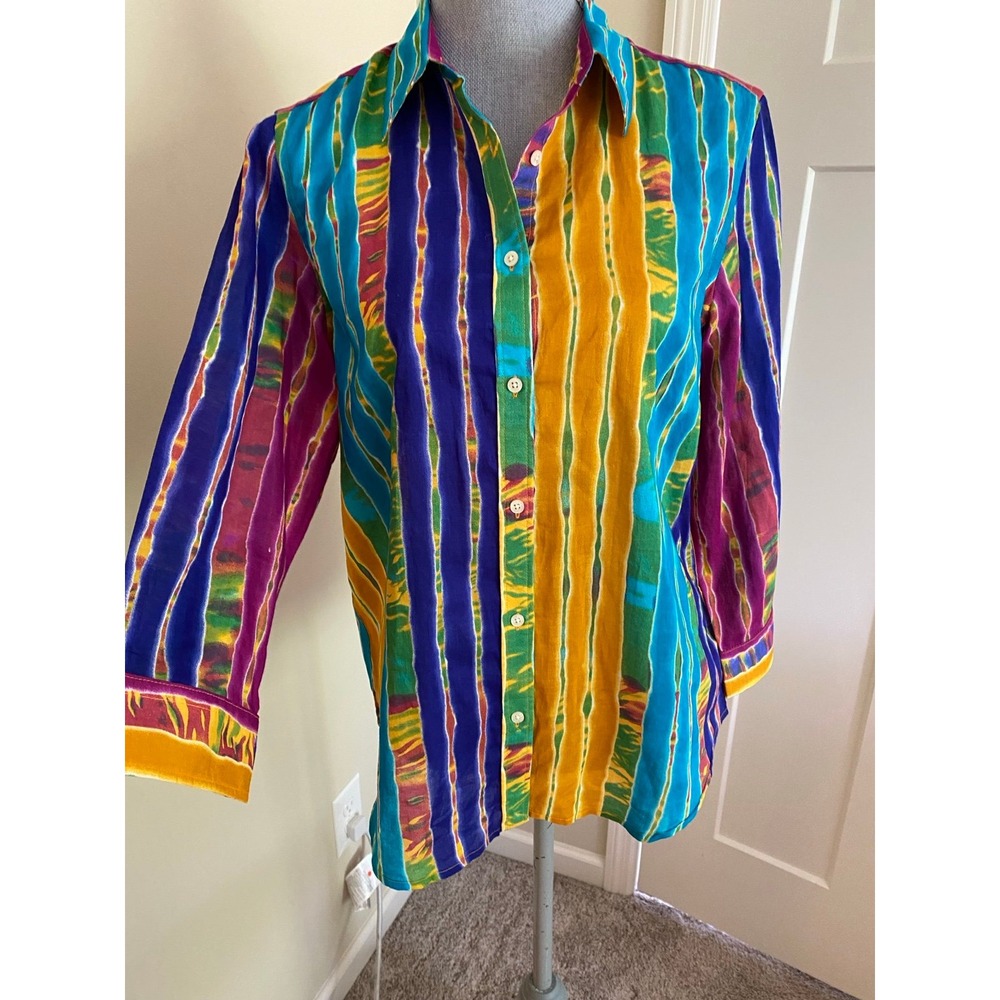 Ralph Lauren Vibrant Multi-Color Striped Button-Down Shirt 3/4 Sleeve s67